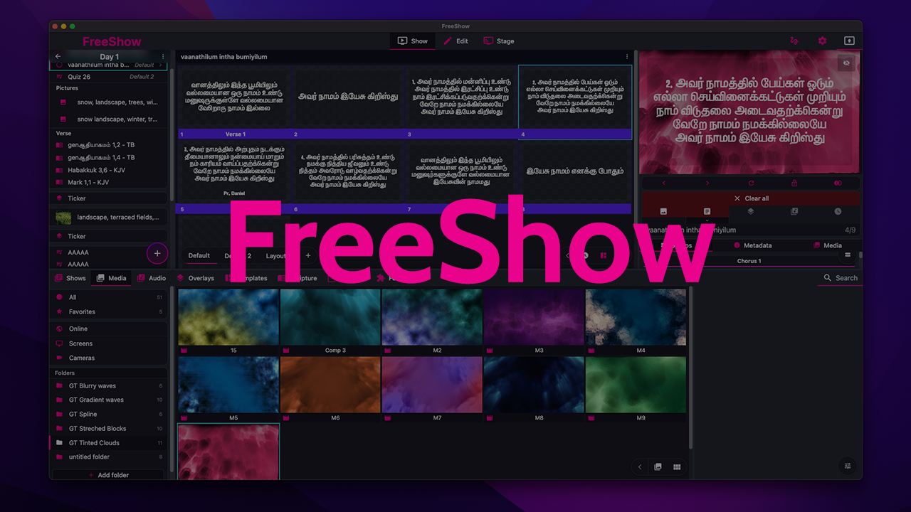 FreeShow course showing the presentation workspace