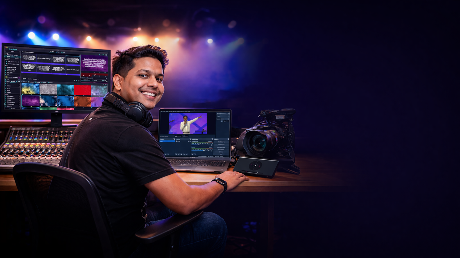 A smiling operator at a live production desk with a camera and monitors